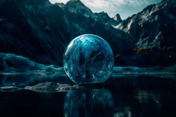 Round blue ball in the mountains. Generative AI