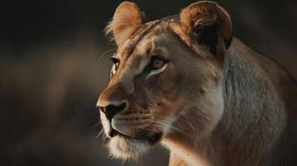 Naklejka premium beautiful leona in its natural habitat. Close up of leona in African plain. Post-processed generative AI