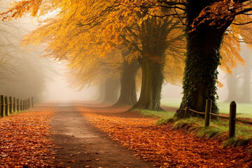 Foggy path in the autumn park