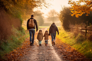 Obraz premium Family walking in autumn field with children