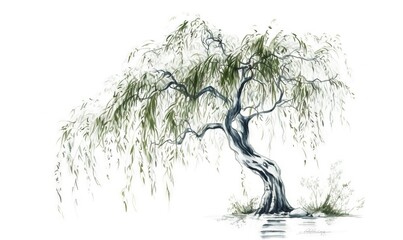  a drawing of a willow tree with water in the foreground.  generative ai - obrazy, fototapety, plakaty