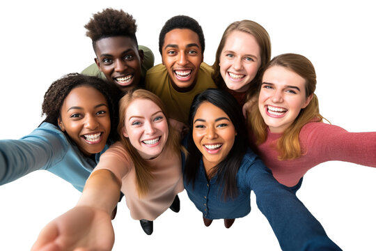 High angle view selfie of six cheerful college friends over isolated background