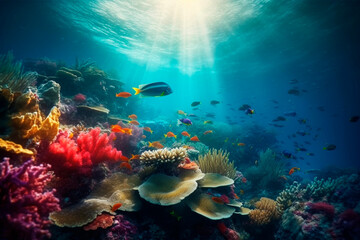 Naklejka na ściany i meble Ocean floor with corals and fish. Generative AI