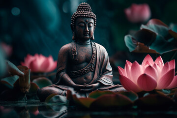 Lotus and Buddha statue. Generative AI