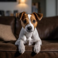 Jack Russell dog sitting on a sofa. Created with generative AI.