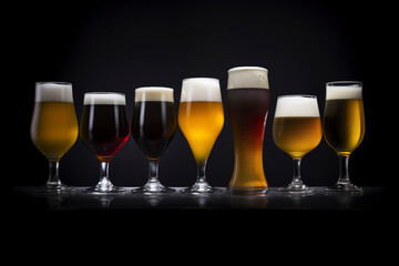 Variety of craft beers in uniquely shaped glasses, contrasted against a simple, dark background.