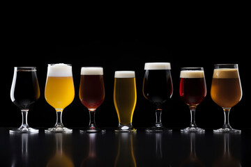 Variety of craft beers in uniquely shaped glasses, contrasted against a simple, dark background.