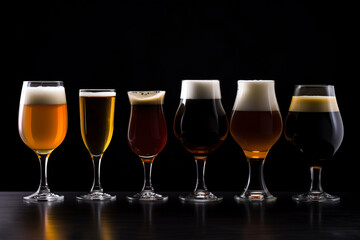 Variety of craft beers in uniquely shaped glasses, contrasted against a simple, dark background.