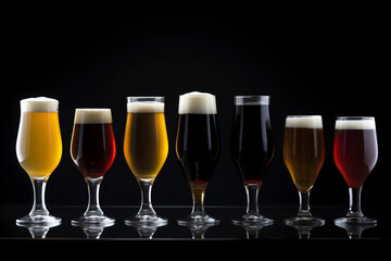Variety of craft beers in uniquely shaped glasses, contrasted against a simple, dark background.