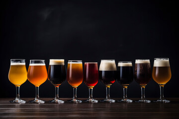 Variety of craft beers in uniquely shaped glasses, contrasted against a simple, dark background.