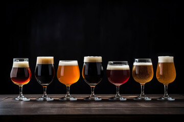 Variety of craft beers in uniquely shaped glasses, contrasted against a simple, dark background.