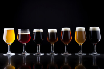 Variety of craft beers in uniquely shaped glasses, contrasted against a simple, dark background.