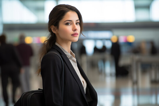 Business traveler, an embodiment of professionalism and grace, waiting for her plane at an airport.