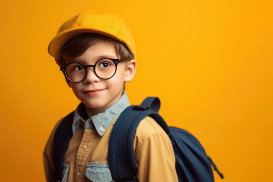 schoolboy with glasses with backpack is ready to go to school for education. generative AI