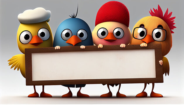 Cute Cartoon a roster Holding a blank Sign on a plane background, Created with AI