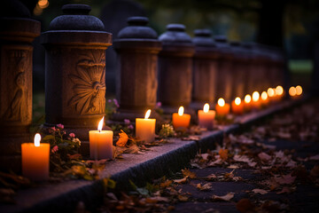 Lit candles casting a gentle glow upon a row of gravestones.