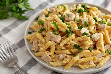 Homemade One-Pot Chicken Alfredo Pasta with Parsley on a Plate, side view.