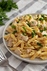 Homemade One-Pot Chicken Alfredo Pasta with Parsley on a Plate, side view.