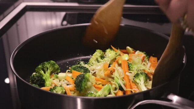 Stirring Preparing Mixed Vegetables Kitchen