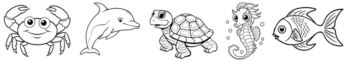 Sea animals - cute Crab, Dolphin, Turtle, Seahorse and Fish, simple thick lines kids or children cartoon coloring book pages. Clean drawing can be vectorized to illustration. Generative AI