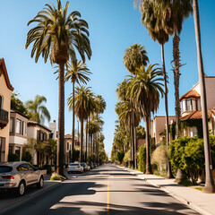 Fototapeta na wymiar Palm tree lined street in Californian city