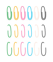 Colorful paper clips collection. Various clips attached to paper and whole. Stationery clip art. Doodle flat vector illustration isolated on white background