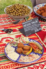 Palestnian Mezze Dish, a selection of Middle Eastern food, falafel, hummus, baba ghannouse, arabic...