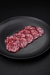 Delicious smoked sausage with bacon, salt, spices and herbs