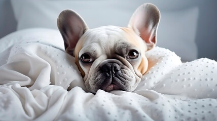Funny dog french bulldog lies in bed linen, figure, white color, light background.
