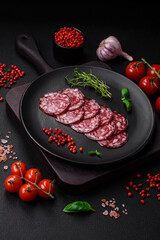 Delicious smoked sausage with bacon, salt, spices and herbs