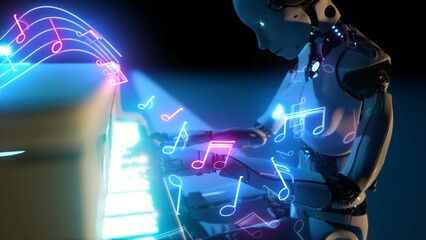 Obraz na płótnie Canvas 3d illustration of artificial intelligence humanoid robot play on piano with sheet music neon lines graphic overlay. Glowing in futuristic modern