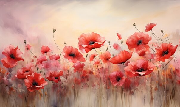  a painting of red poppies in a field of grass.  generative ai