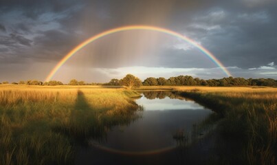 Fototapeta na wymiar a rainbow appears over a marshy area with a stream. generative ai