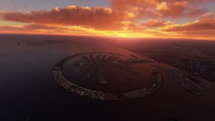 Sunset aerial shot of The Palm Jumeirah. Dubai in the United Arab Emirates. UAE