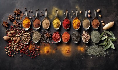  spoons filled with different types of spices on a table.  generative ai