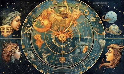 Naklejka premium a painting of a zodiac sign surrounded by other zodiac symbols. generative ai