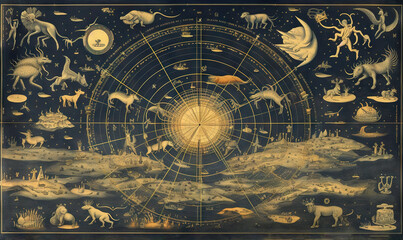 Naklejka premium a painting of a celestial map with all the stars and planets. generative ai
