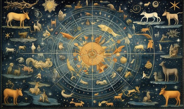  a painting of a zodiac sign with animals and stars around it.  generative ai