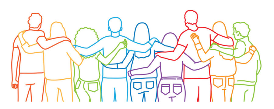 Group of happy friends hugging.