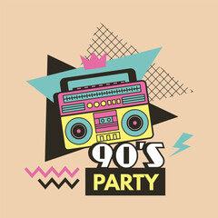 Retro poster. 90s music placard invitation for party. Vector template with place for text