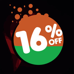 16% off per cent, percentage number in a colored circle, promotion, big sale, colorful background