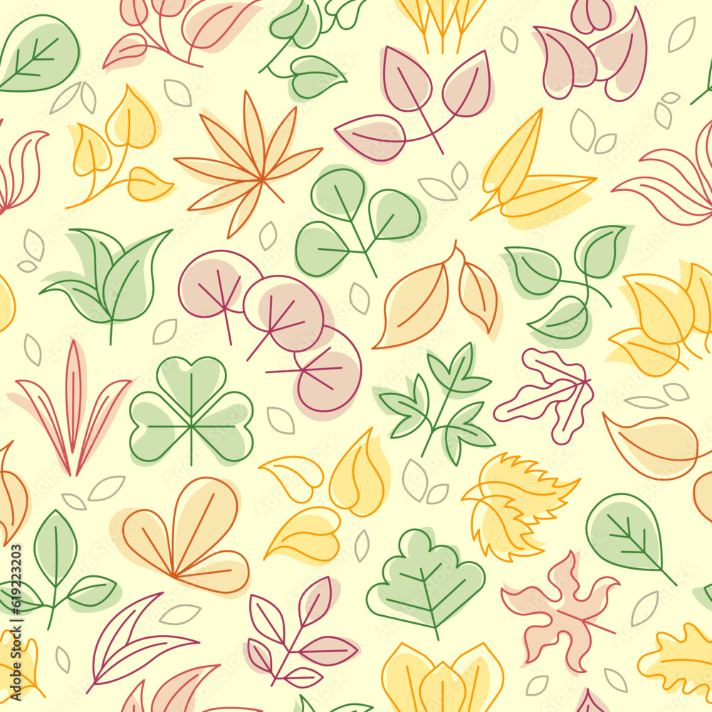 Poster leaf pattern. seamless background with natural leaf set in linear style recent vector template