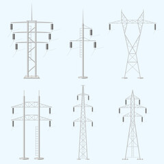Electricity poles. Metal surface voltage power construction decent vector realistic illustrations