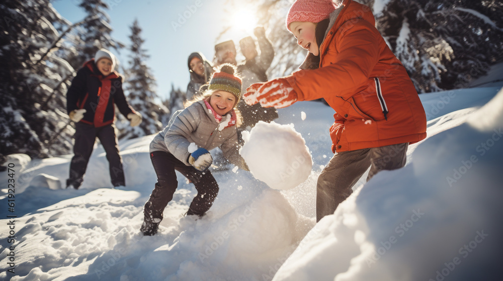 Wall mural group of children playing on snow in winter time, created using generative ai tools.