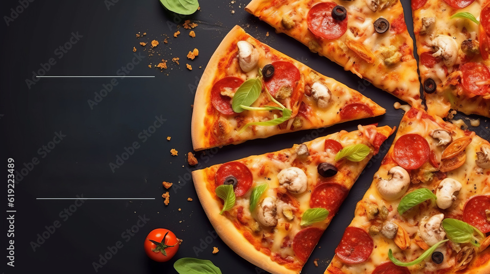 Wall mural pizza with sausage and vegetables. street fast food, takeaway food banner with copy space. illustration poster with a place for signatures. Caloric nutrition, Generative AI