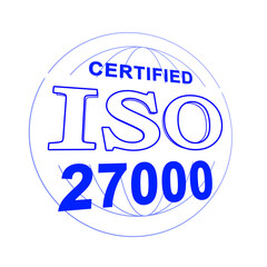 An illustration of ISO 27000 certification, like a stamp, in perspective. White background.