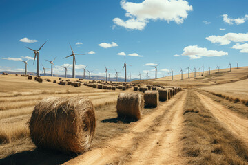 Witness the harmonious coexistence of wind turbines in a field alongside bales of straw, symbolizing the integration of renewable energy and agriculture in sustainable practices. Generative Ai, Ai.