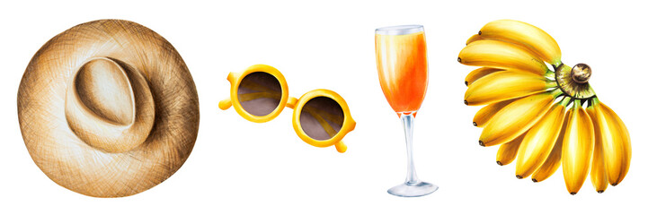 Watercolor set of illustrations with bunch of ripe bananas, cocktail in a glass goblet, straw hat and sunglasses. Tropical fruit isolated on white background. For designers, spa decoration, postc