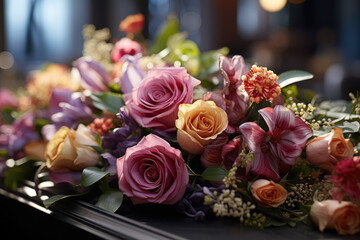 Fototapeta premium Pay homage to the solemnity of funeral services with an image of flowers placed on a coffin, signifying remembrance, mourning, and the beauty of honoring a life. Generative Ai, Ai.