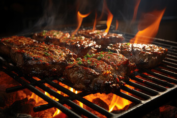 Indulge in the sizzling delight of a beef ribeye steak grilling on a flaming grill, capturing the aroma, taste, and culinary artistry of a perfectly cooked piece of meat. Generative Ai, Ai.